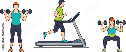Men and women doing gym workout with treadmill and dumbbells flat vector illustration for fitness training