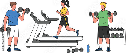 People working out in gym with treadmill and dumbbells flat vector illustration for fitness and exercise lifestyle