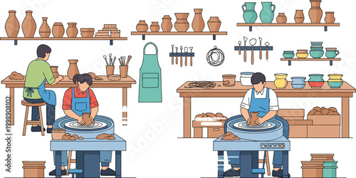 Pottery workshop scene with artisans making ceramic clay pots on wheel flat vector illustration