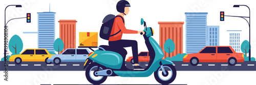 Delivery man riding scooter in city traffic flat vector illustration for courier and transportation service