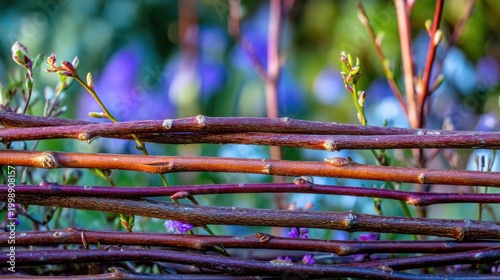 Close-up of a natural woven willow branch garden fence with blurred purple blossoms and green foliage in soft daylight