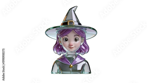 Cute 3D stylized witch character with purple hair and magic hat, fantasy avatar icon