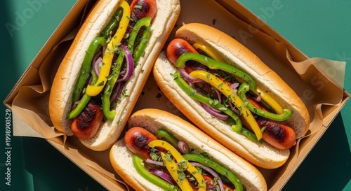 Three grilled hot dogs with sliced colorful bell peppers and red onion in cardboard box.