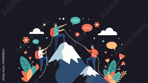 Team of explorers helping each other climb high mountain peaks using ropes and communication to reach a common goal together in the night.