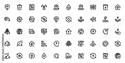 Sustainable Energy icon set. Vector illustration pack featuring light bulb, recycling, biofuel, nuclear, solar, wind, hydro power, ecology, electric car and more.