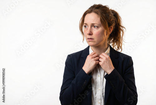 Anxious Businesswoman Adjusting Collar on White Background