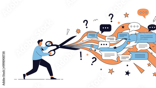 Man using large scissors to cut through a stream of various colorful speech bubbles and message icons.