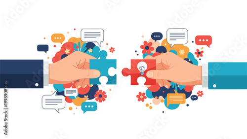 Pair of hands putting together two puzzle pieces with one containing a lightbulb icon for creative ideas.