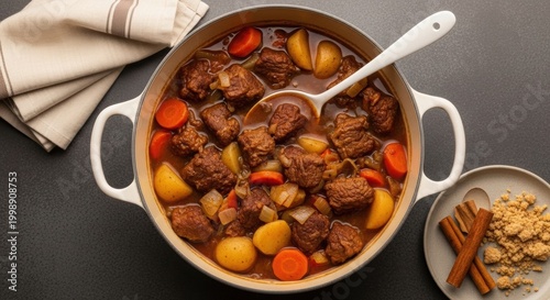 Delicious beef stew with potatoes, carrots, and onions in white dutch oven.
