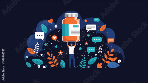 Small man exerts effort to lift a massive orange medicine bottle over his head amidst a decorative scene of dark clouds and plants.