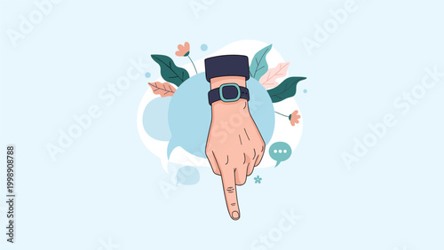 Hand wearing a smart watch points a finger directly downwards against a light blue background to draw attention to a specific location.