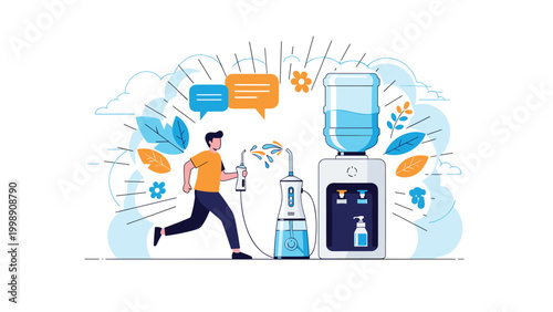 Determined man runs past a water cooler while holding an oral hygiene tool amidst a flurry of colorful leaves and speech bubbles.