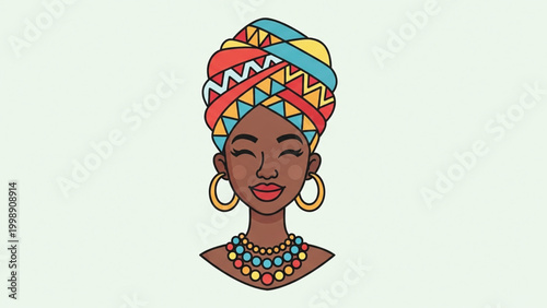 A vibrant illustration of a smiling African woman with colorful headwrap and jewelry on a light green background.