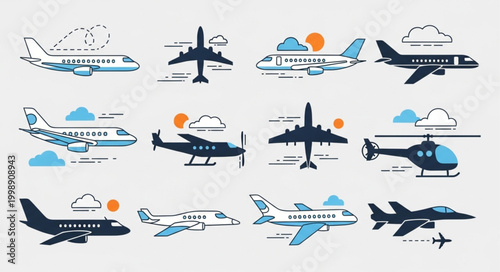 Collection of various aircraft icons including airplanes and helicopters.