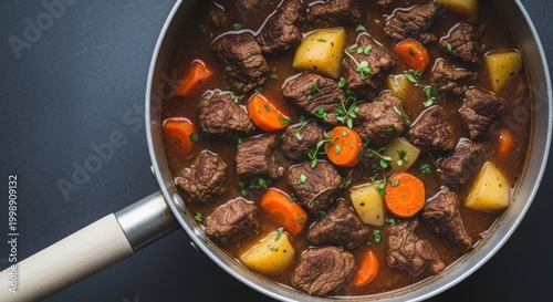 Top view of beef stew in stainless steel pan with carrots and potatoes seasoned with thyme on dark background.