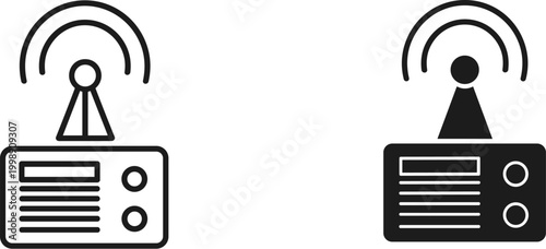 Minimalist radio transmitter icons, wireless signal broadcasting symbols, black and white electronic communication equipment vector set