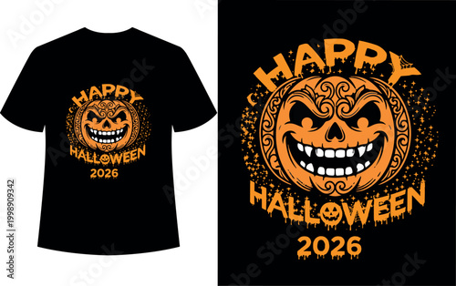 Halloween T-shirt design costume template. Happy halloween scary trendy vector t-shirt design.