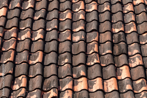 close-up photograph capturing rows of weathered, S-curved terracotta roof tiles. The tiles feature a mottled pattern of deep terracotta orange and dark grey-black grime, showing significant age and we