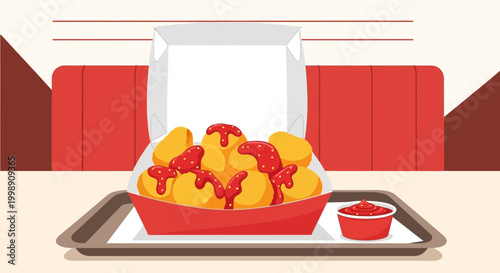 Delicious chicken nuggets with dipping sauce on a tray, fast food illustration