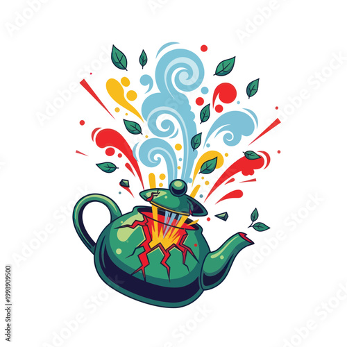 Exploding Green Teapot with Steam and Leaves, Creative Beverage Concept
