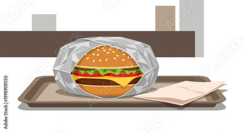 Delicious Double Cheeseburger Wrapped in Foil on a Tray with Napkin