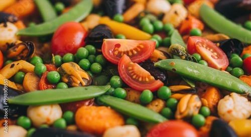 Macro shot of colorful vegetable medley featuring peas tomatoes mussels and pods on rustic surface.