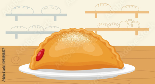 Delicious Empanada with Cherry Topping on Plate, Bakery Background