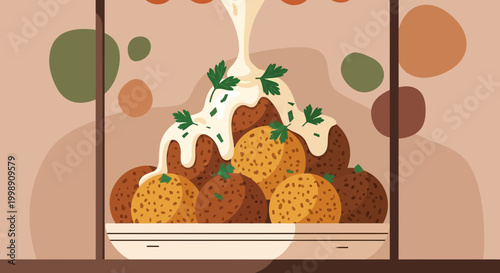 Delicious Falafel Balls Drizzled with Creamy Tahini Sauce and Parsley