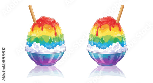 Bilde på lerret Rainbow Shaved Ice Desserts with Syrup and Straws, Sweet Summer Treat