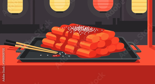 Delicious Korean Tteokbokki with chopsticks on a tray, Korean street food