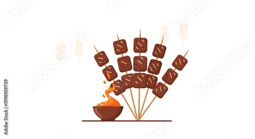 Delicious Meat Skewers with Spicy Sauce, Asian Street Food Illustration