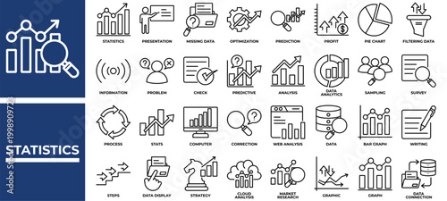 Statistics icon set collection. Containing statistics, analyze, question, info, inspection, profit, performance .Line vector icons collection