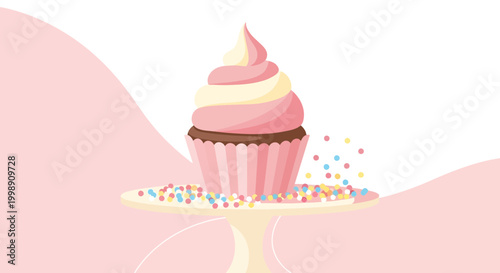 Delicious Pink Cupcake with Swirl Frosting and Sprinkles on Pedestal Stand, Sweet Dessert