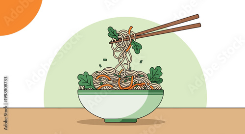 Delicious Noodles with Chopsticks in a Bowl, Healthy Asian Food Illustration