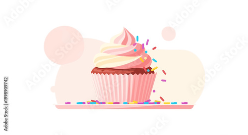 Delicious Pink Swirl Frosting Cupcake with Sprinkles on a Plate, Sweet Treat