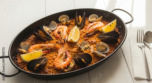 Freshly cooked seafood paella served in oval black pan with prawns mussels and clams on wooden table.