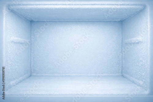 The interior of an empty freezer compartment covered in a thick layer of white frost and ice crystals with a cold blue light and frozen surfaces