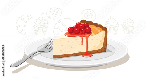 Delicious slice of cheesecake with cherry topping on a plate with fork, sweet dessert illustration