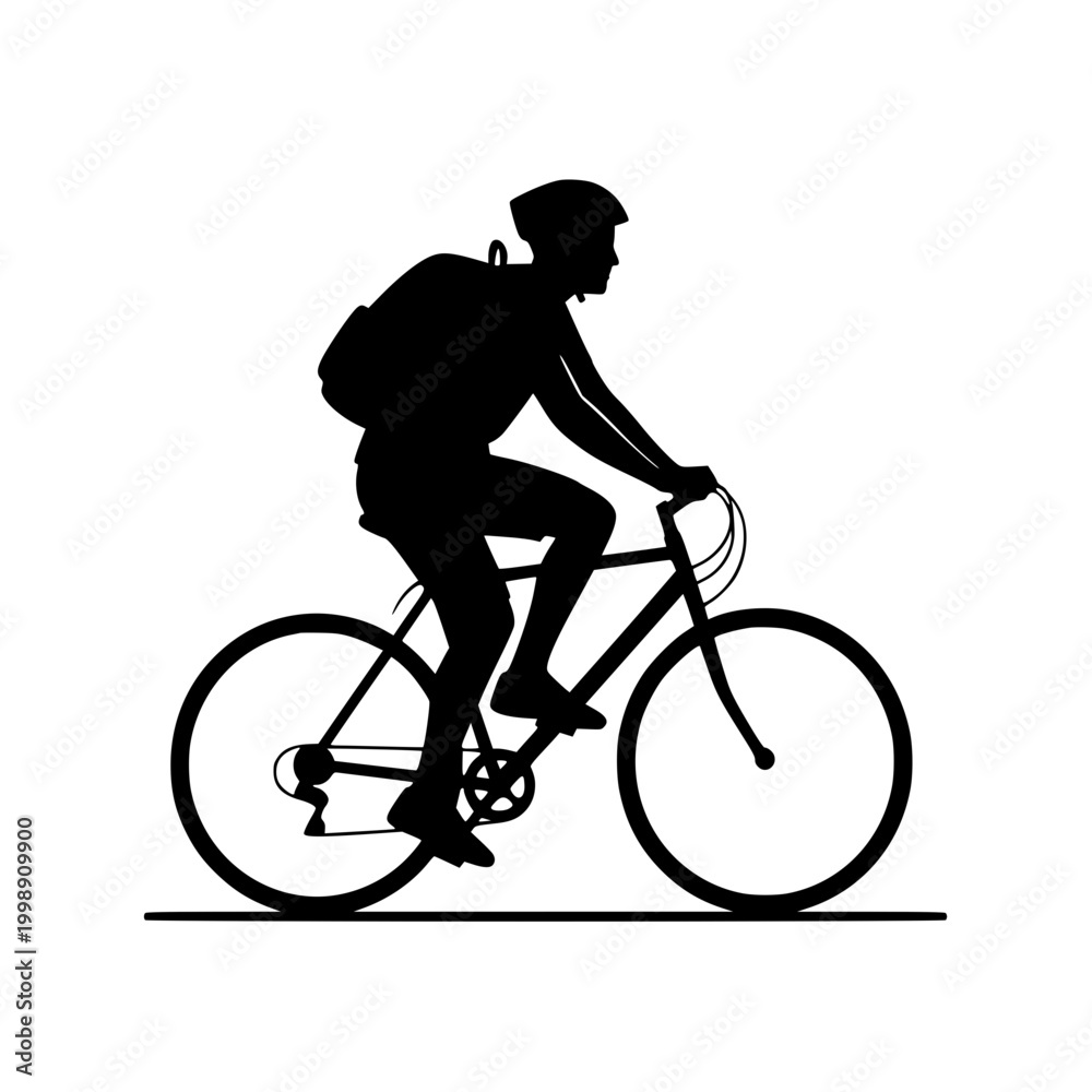 Obraz premium Silhouette of a male cyclist riding a bicycle with backpack and helmet