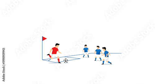 Soccer players kicking ball in game.