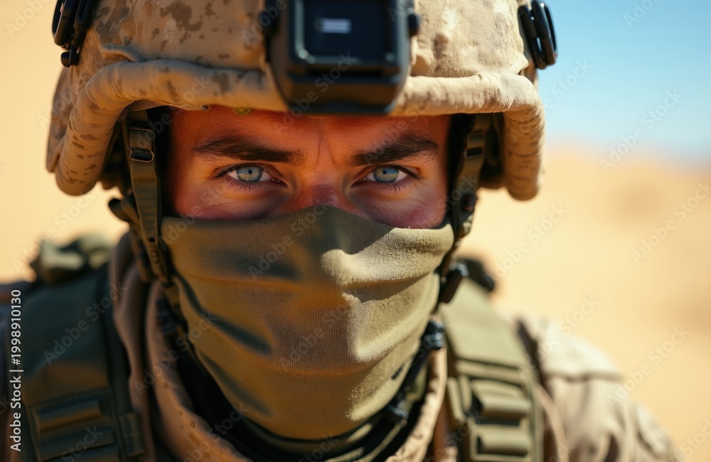 Naklejka premium Focused soldier in camouflage helmet, tactical gear on sandy battlefield. Blue eyes show vigilance, determination during desert military operation. Intense gaze conveys readiness, resolve in harsh