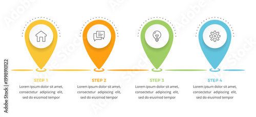 Horizontal process infographic template with four colorful map pointer markers