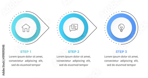 Infographic template with three sequential steps, clean and professional layout for visualizing business processes, workflows, or project milestones in presentations