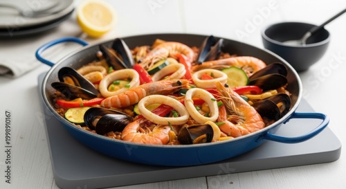 Seafood paella with squid rings prawns mussels and zucchini served in blue pan on modern table setup.
