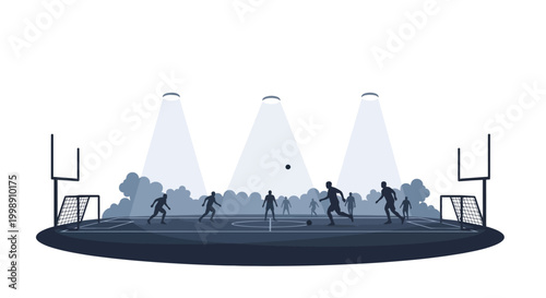 People Playing Football At Night Stadium.