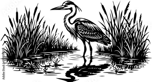 Heron in Wetland Bold Silhouette Vector