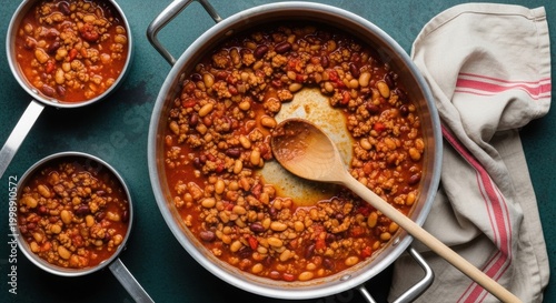 Hearty chili con carne served in large pot and individual bowls for family dinner.