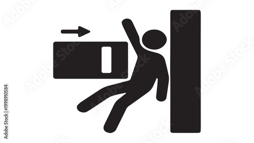 Warning sign icon showing a person getting crushed by a moving sliding door or mechanical equipment.