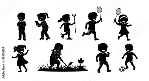 Set of Children Silhouettes Playing Sports and Outdoor Activities