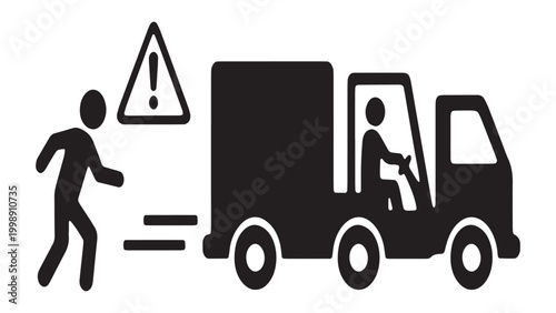 Warning sign vector of pedestrian walking behind a reversing delivery truck for warehouse safety.